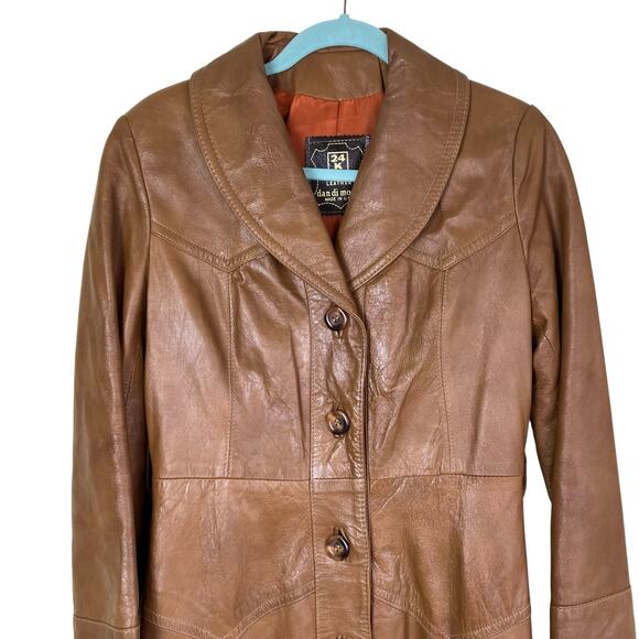 Vintage Dan Di Modes 24K Glove Leather Trench Coat Tan Brown Fitted Sz 8 - Picture 2 of 16